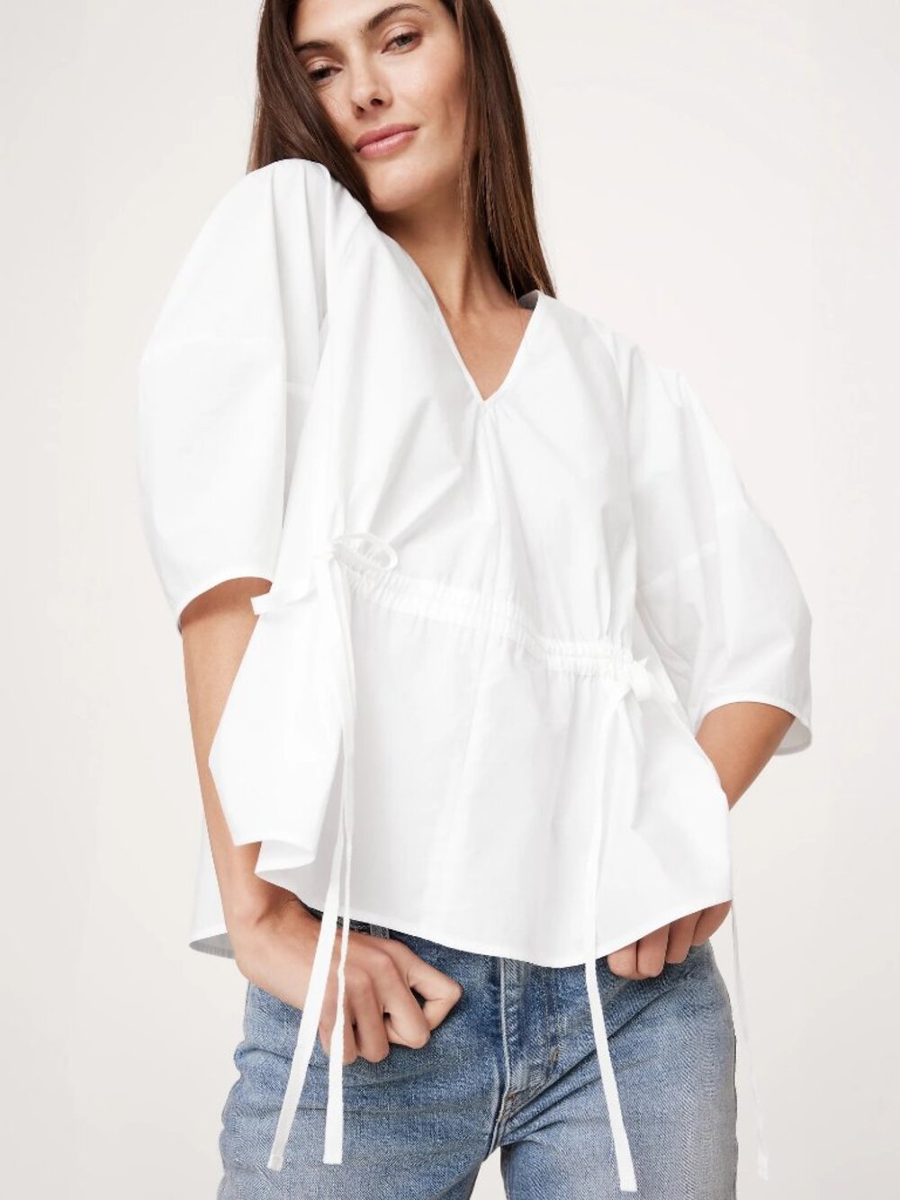 NWT! Banana Republic White Cotton Poplin Cinch-Waist Drawstring Top XL